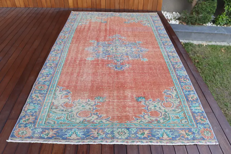 5.5x8.8 ft Vintage Halı, Türk Büyük Halı, Kırmızı Mavi Puantiyeli Yün Halı - 1