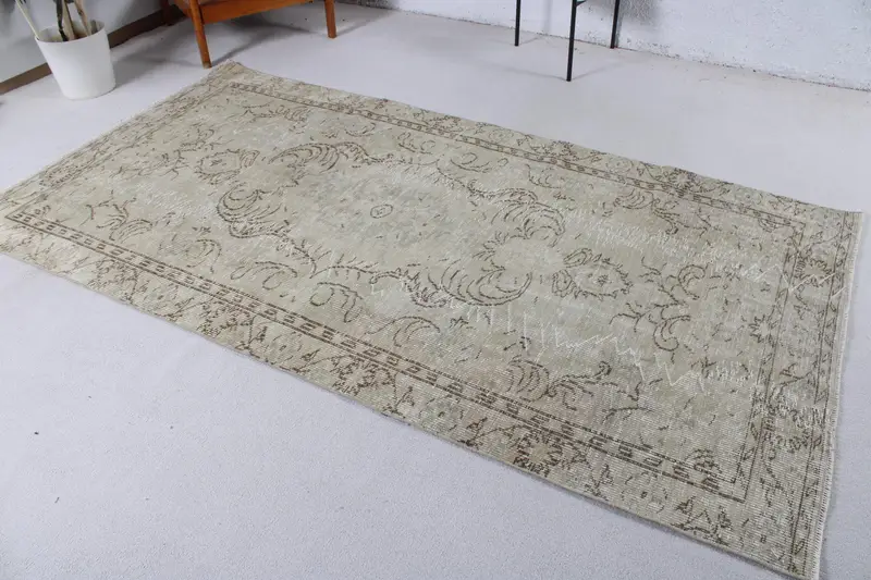 Vintage Türk Halısı, 4.5x8.7 ft Oushak Halı, Gri Alan Çizgili Halı - 1