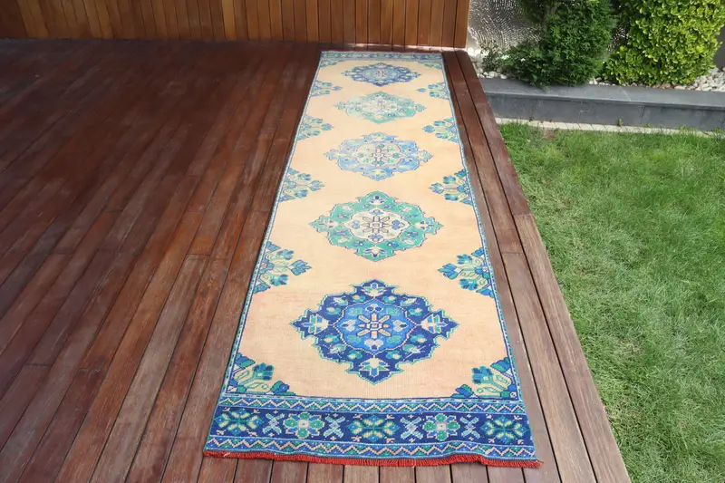 2.9x11.3 ft Runner Vintage Halı, Türk Halısı, Mavi Yeşil Soyut Yün Halı - 1