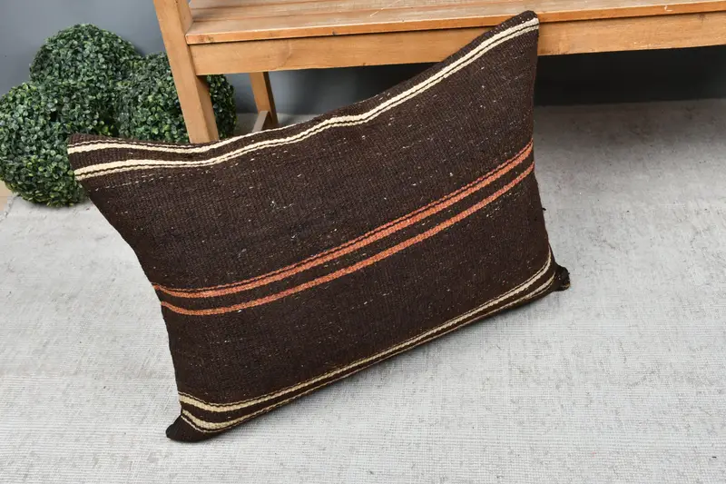 Pillow, Turkish Kilim Pillow, Luxury Cushion, 20x28 Brown Pillow Case, Kilim Pillow, Handwoven Pillow Sham, Vintage Kilim Throw Pillow - 7