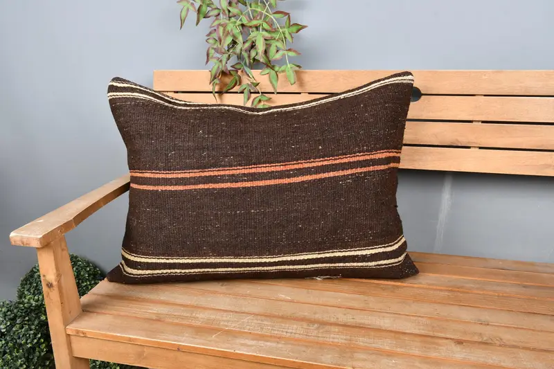 Pillow, Turkish Kilim Pillow, Luxury Cushion, 20x28 Brown Pillow Case, Kilim Pillow, Handwoven Pillow Sham, Vintage Kilim Throw Pillow - 1
