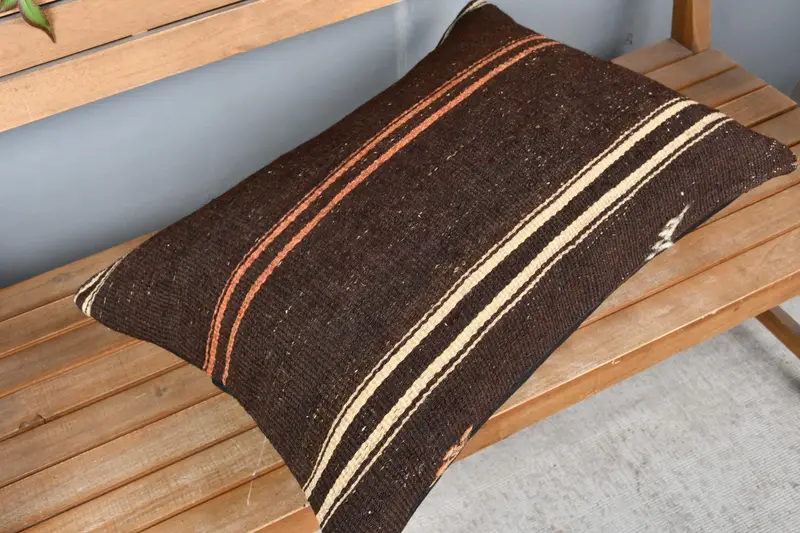 Pillow, Turkish Kilim Pillow, Luxury Cushion, 20x28 Brown Pillow Case, Kilim Pillow, Handwoven Pillow Sham, Vintage Kilim Throw Pillow - 2