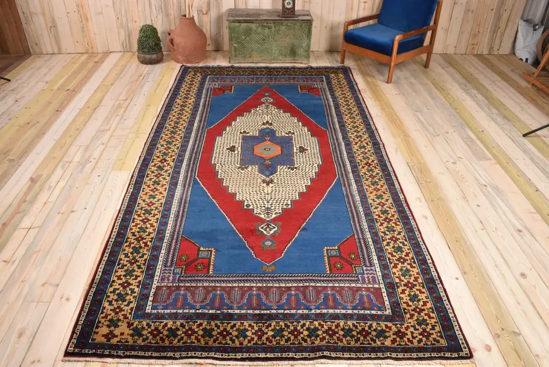 ブルーフローラルラグ、6.1x11.6フィートのエレガントな装飾