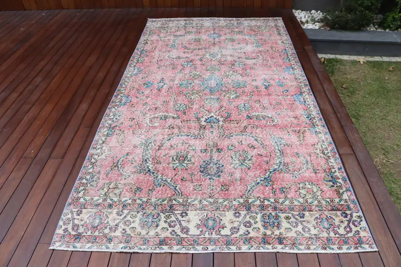 Vintage Turkish Rug, 5x9.8 ft Oushak Rug, Pink Blue Rug - 1