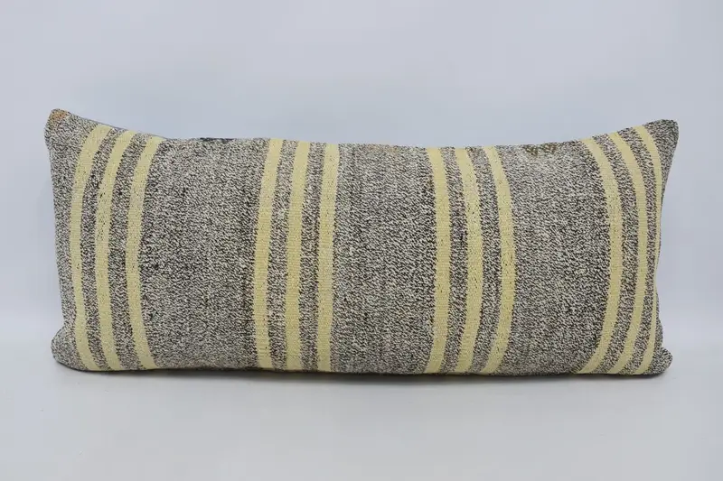 Rectangle Brown Turkish Pillowcase, Antique Minimalist 16x36 inch Striped Pillow Sham - 1