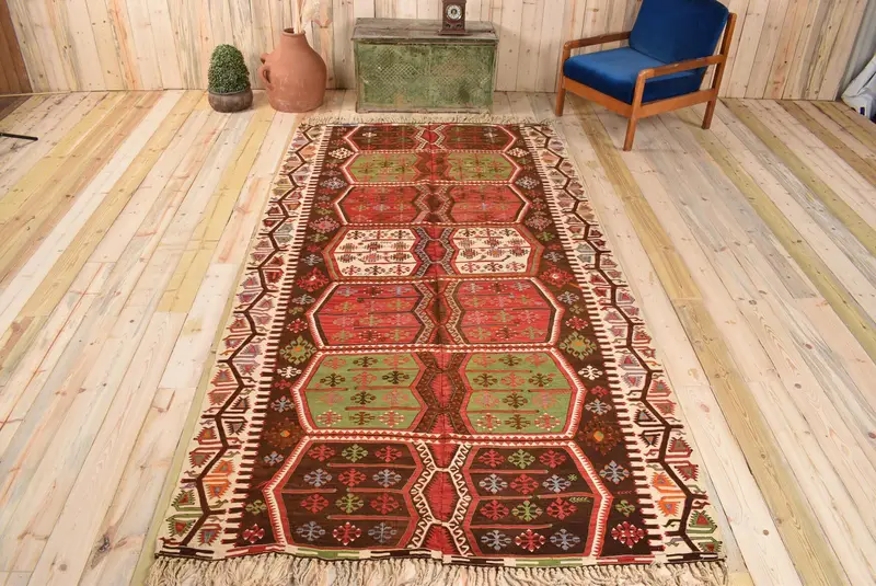 Red Abstract Rug, 5.4x10.3 ft with Green Accents