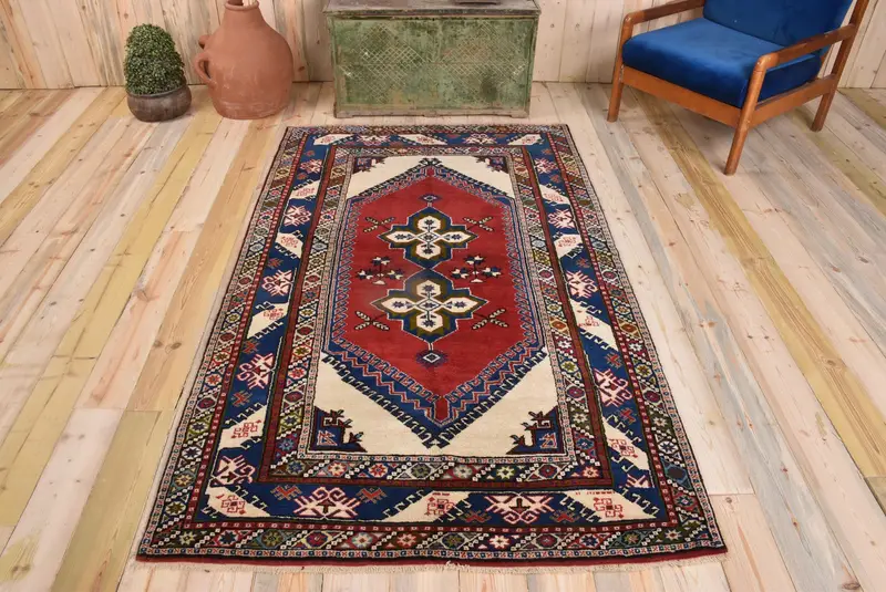 Red Oriental Rug, 4,2x7,1 ft with Blue Accents