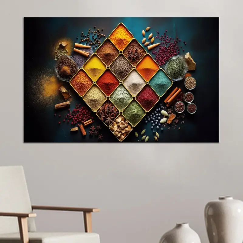 Eleganter Leinwanddruck: Lebendige Gewürze im Küchenambiente