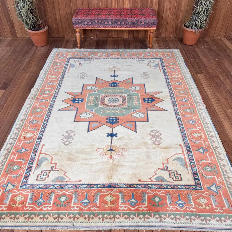 Vintage 6,3x8,7 ft Teppich, großer türkischer Teppich, orange karierter Wollteppich - 1