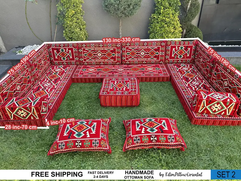 Rectangular Kilim-Inspired Pouf, Handmade Turkish Wool Pouf