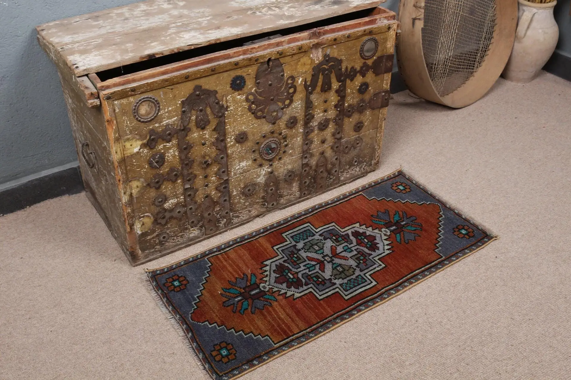 Vintage Turkish Small Rug 1.2x2.7 ft (38x83 cm), Brown Striped Rug - 1