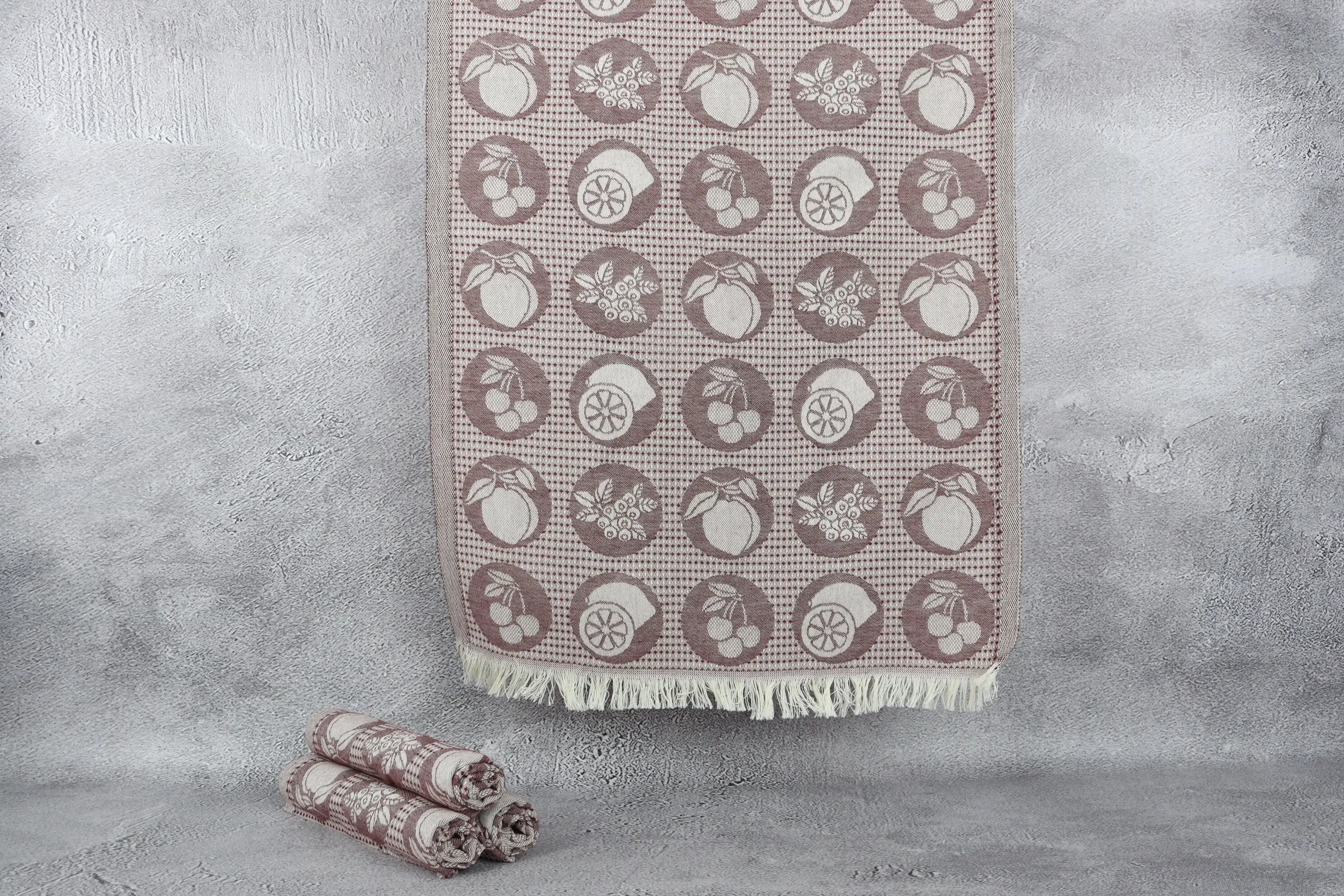 Turkish Hand Towel Fruits Patterned, Monogram, 20x28 Dark Burgundy - 1