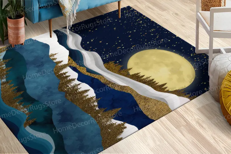 Bedruckter Teppich mit goldener Sternennachtlandschaft – von der Natur inspiriertes Design