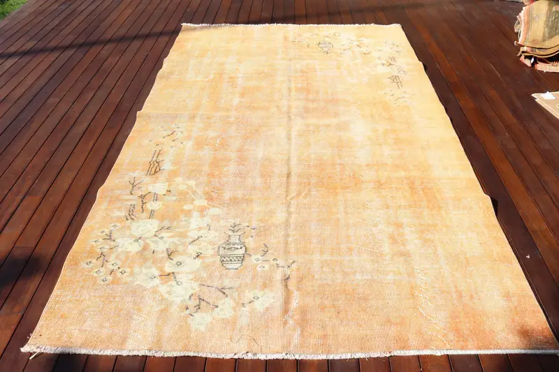 Türk Oushak Büyük Halı 5,5x9 ft (169x273 cm), Vintage Turuncu Çiçekli Yün Halı - 1