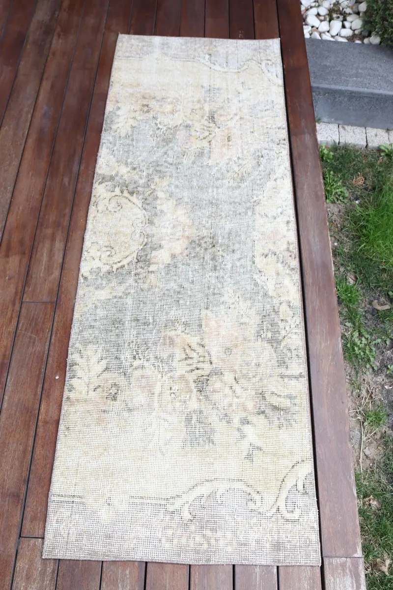 El Yapımı Bej ve Yeşil Oryantal Halı, 2x5,8 ft