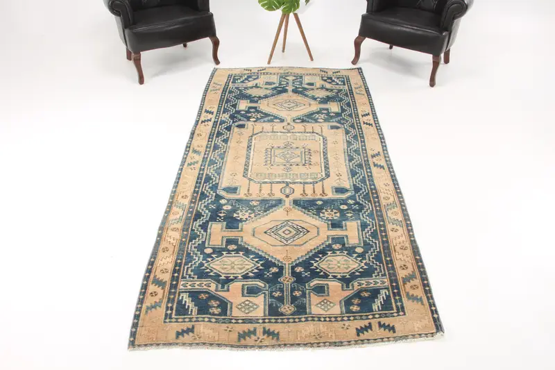 Turkish Rug, Area 4.1x8.5 ft Vintage Rug, Blue Oriental Wool Rug - 1