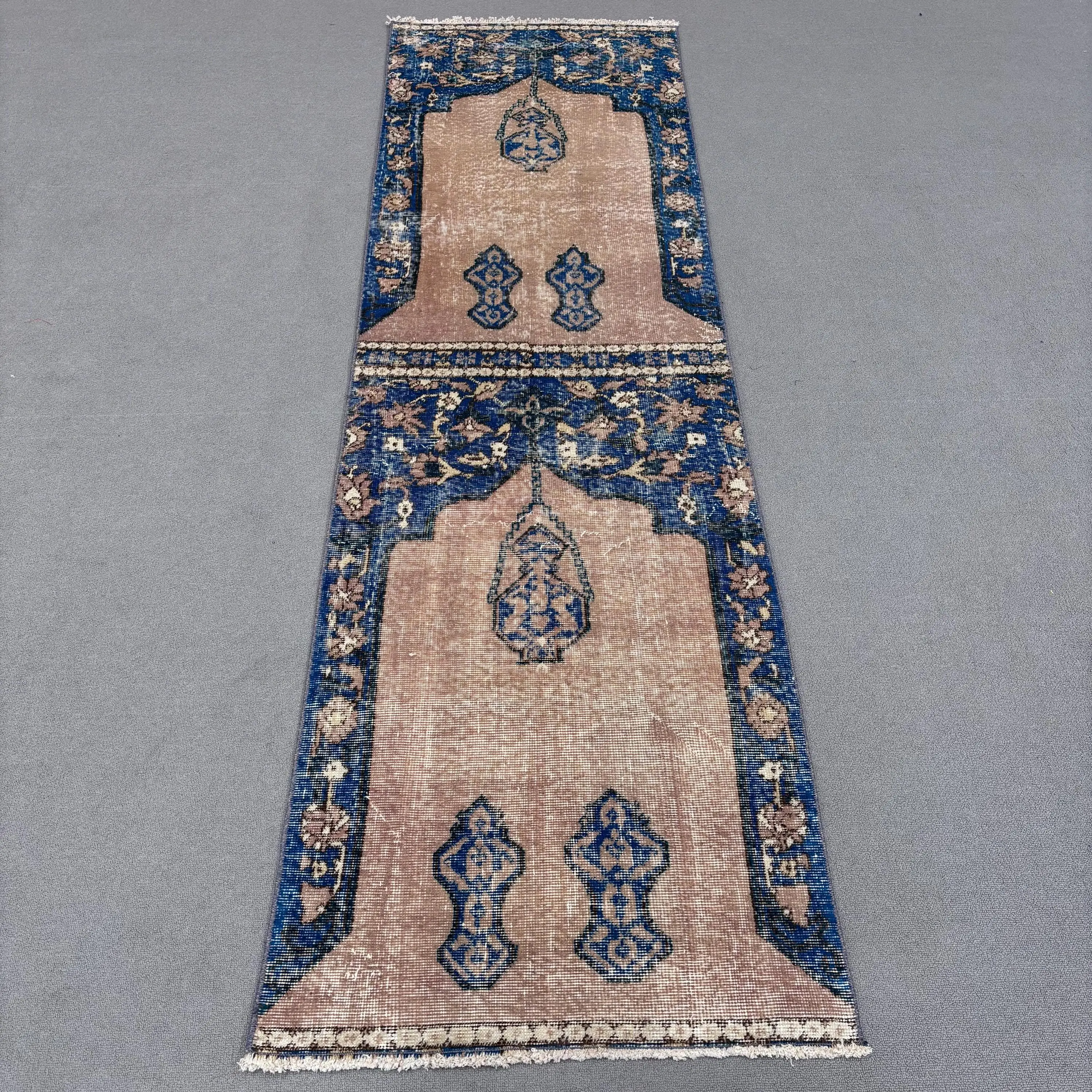 Turkish Rug, 2.4x7.9 ft Runner Vintage Rug, Blue Brown Polka dot Rug - 1