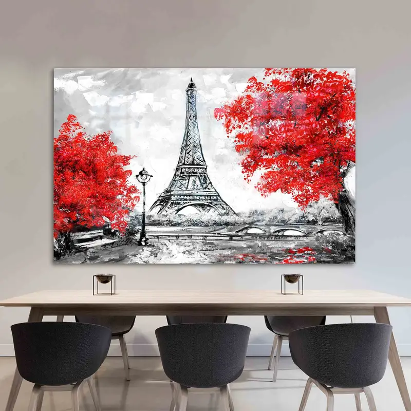 エレガントなエッフェル塔グラス: パリの赤い葉のデザイン