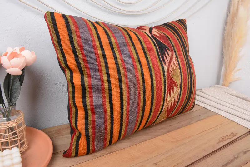 Rot & Orange gestreiftes Leinen-Wurfkissen, 20x28 handgemachtes Kissen