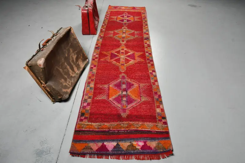 2.6x10.7 ft Herki Halı, Vintage Türk Halısı, Kırmızı Turuncu Çizgili Halı - 1