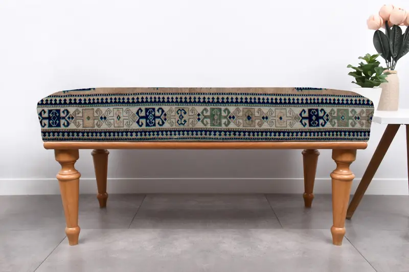 Rectangular Kilim-Inspired Pouf, Brown Wool & Bronze Pouf