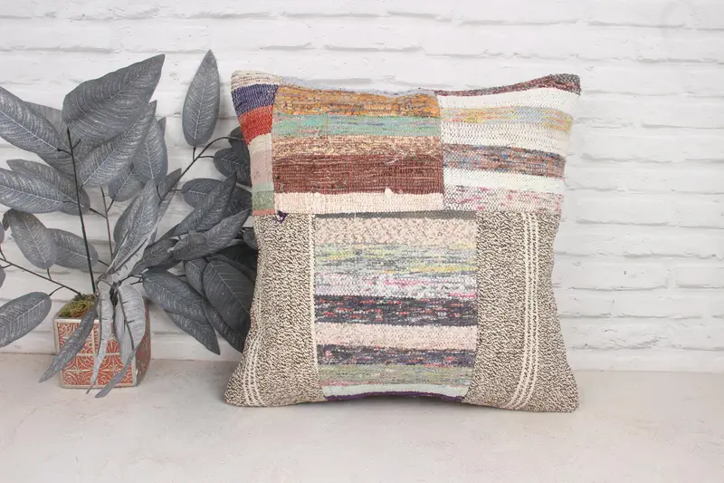 Cushion Case, Handmade Kilim Cushion, Vintage Kilim Pillow, One Of A Kind Pillow Cover, 20x20 Beige Cushion Case, Throw Kilim Pillow - 1