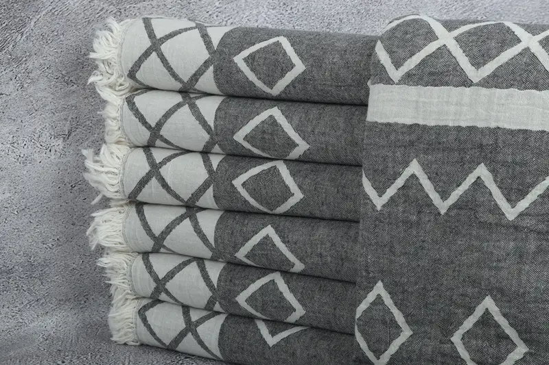 Siyah Pamuk Havlu Geometrik, 36x63 İnç, Boho Düğün Hediyesi