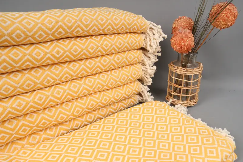 Turkish Towel Beach Custom Yellow Diamond Towel, Beige, Organic Cotton, 40x71 Inches
