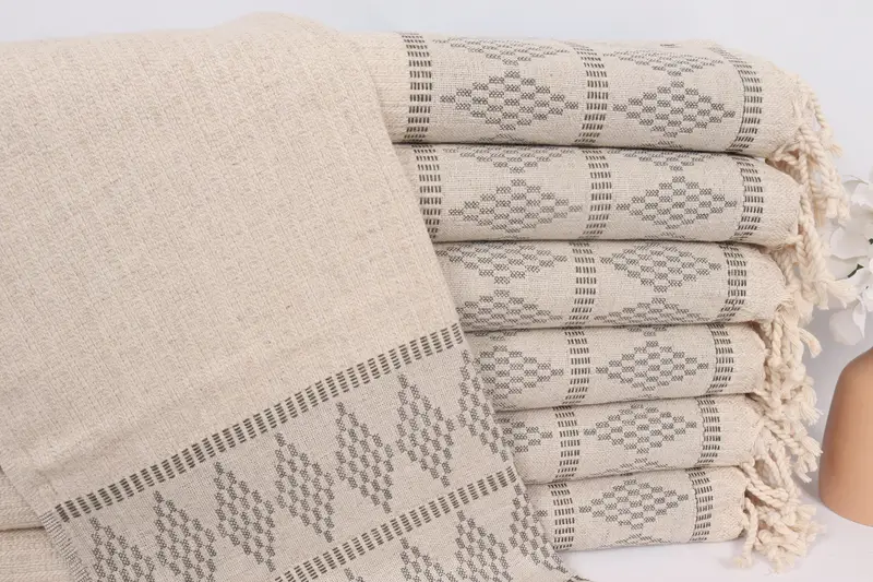 Kilim Design Hand Towel Khaki Green Linen, 20x40 Inches