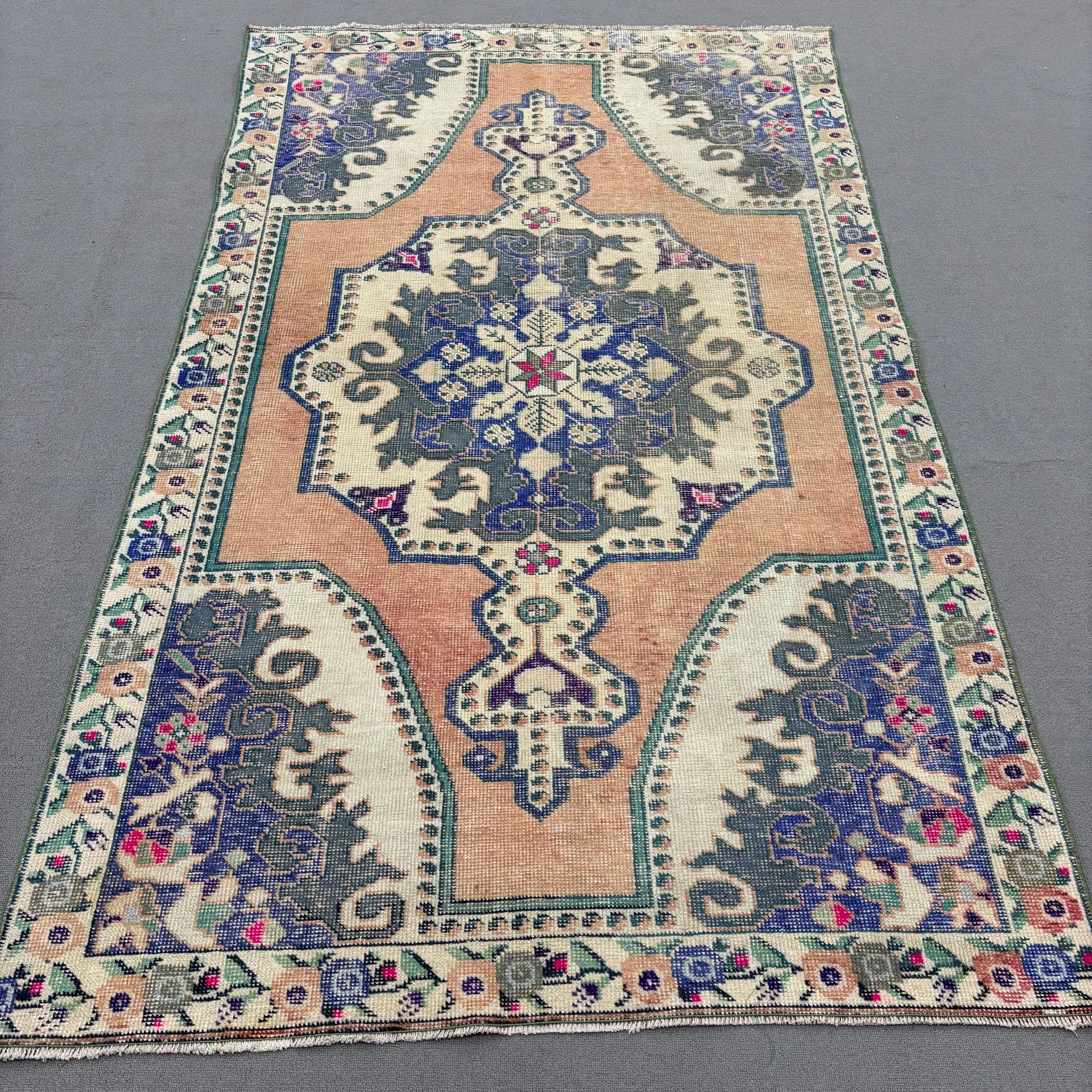 Turkish Vintage Rug 4.4x7.3 ft (134x224 cm), Blue Wool Rug - 1