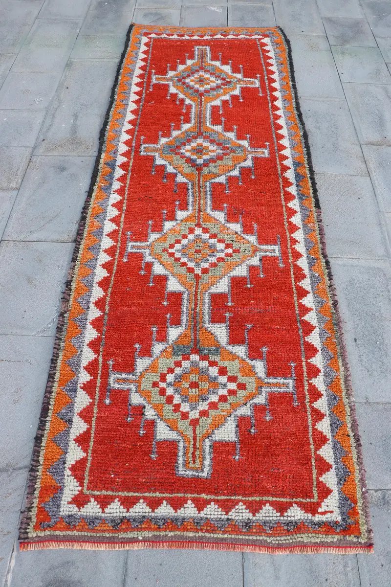 3.1x9.2 ft Rug, Turkish Vintage Rug, Red Herki Wool Rug - 1