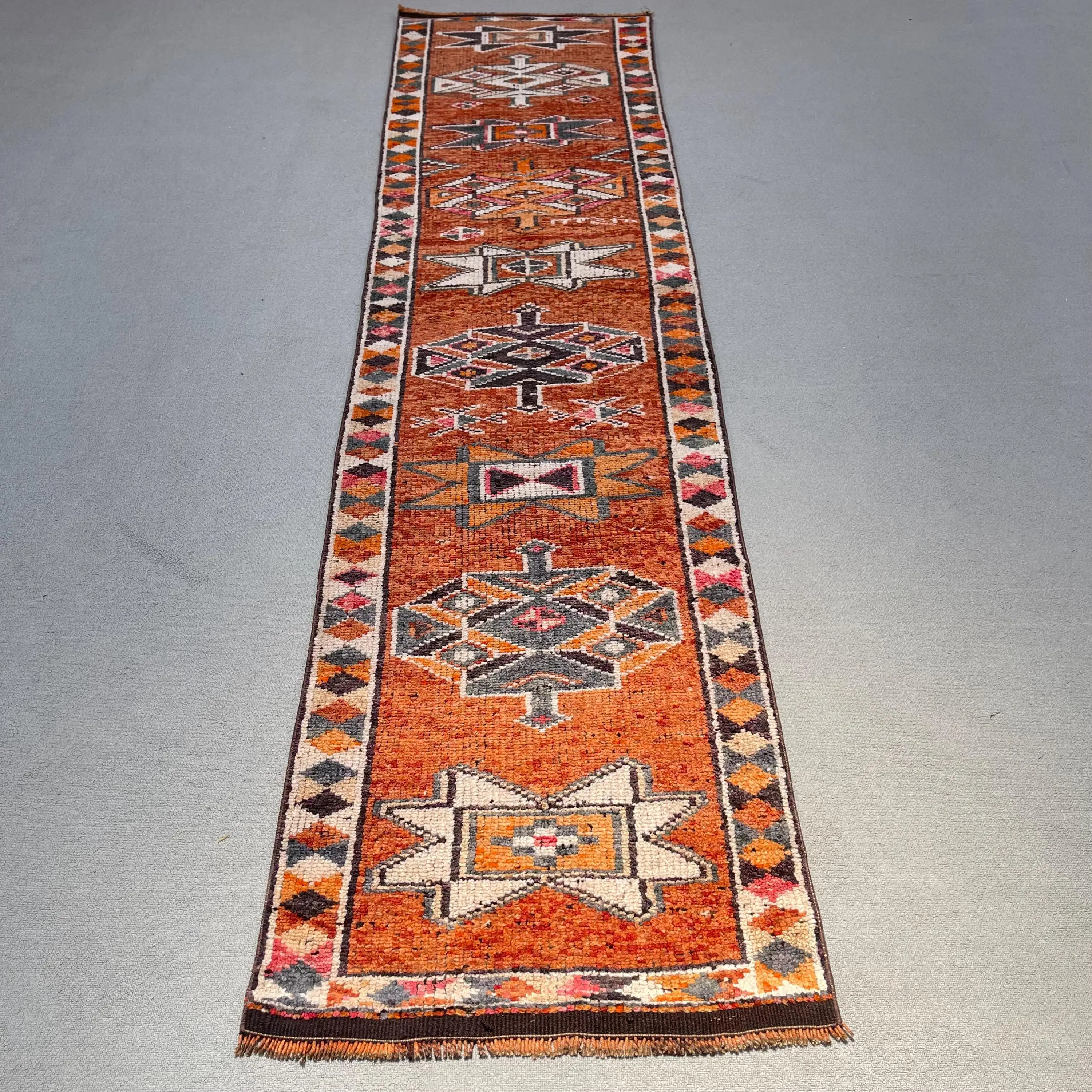 Vintage 2.7x10.7 ft Runner Rug, Turkish Rug, Herki Orange Bordered Rug - 1