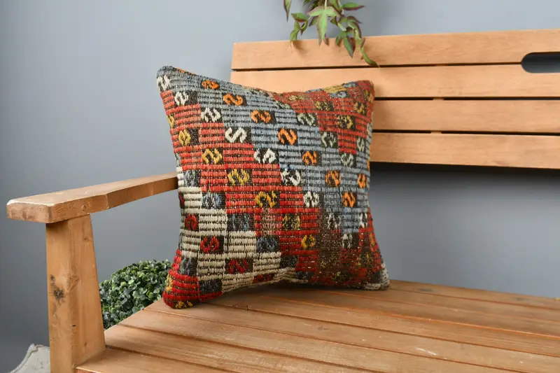 Authentic Pillow Cover, Interior Designer Pillow, Pillow for Couch, Turkish Bench Pillow, 16x16 Red Pillow Sham, Pillow, Throw Kilim Pillow - 1
