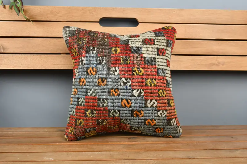 Authentic Pillow Cover, Interior Designer Pillow, Pillow for Couch, Turkish Bench Pillow, 16x16 Red Pillow Sham, Pillow, Throw Kilim Pillow - 6
