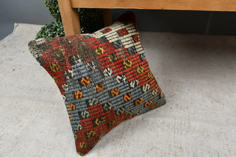 Authentic Pillow Cover, Interior Designer Pillow, Pillow for Couch, Turkish Bench Pillow, 16x16 Red Pillow Sham, Pillow, Throw Kilim Pillow - 7