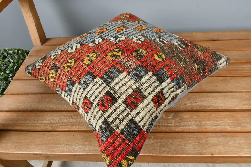 Authentic Pillow Cover, Interior Designer Pillow, Pillow for Couch, Turkish Bench Pillow, 16x16 Red Pillow Sham, Pillow, Throw Kilim Pillow - 2