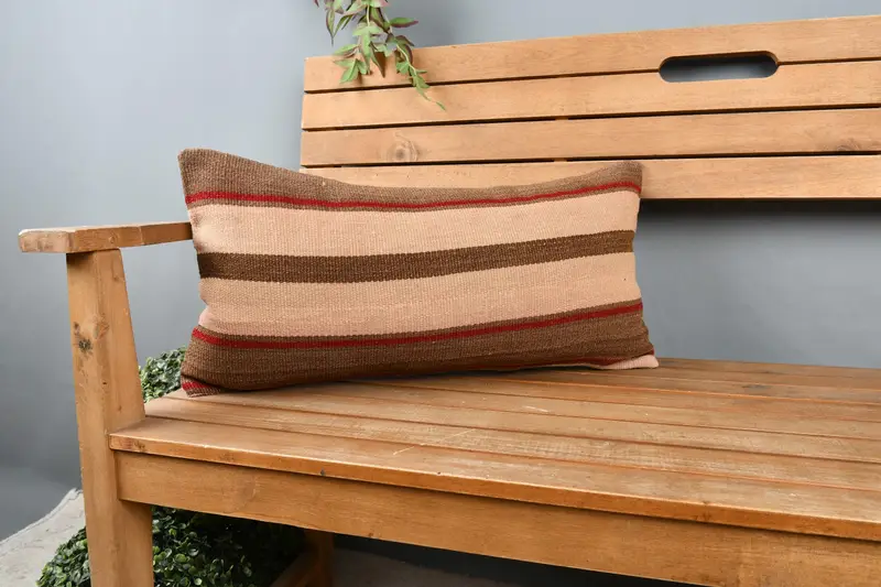 Turkish Kilim Pillow, Vintage Kilim Pillow, Pillow Cover, Handwoven Pillow Cover Cushion Case, 12x24 Beige Cushion Cover, Ethnical Kilim Rug Pillow - 1