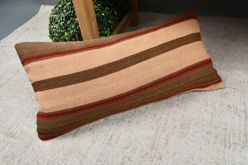 Turkish Kilim Pillow, Vintage Kilim Pillow, Pillow Cover, Handwoven Pillow Cover Cushion Case, 12x24 Beige Cushion Cover, Ethnical Kilim Rug Pillow - 7