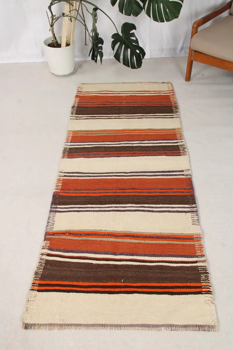 Vintage Kilim Accent Rug 2.8x6.9 ft (84x210 cm), Turkish Brown Floral Wool Rug - 1