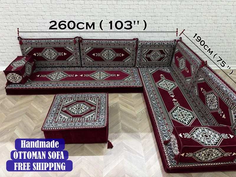 Medium Firm Red & Black Kilim Ottoman, Modular Wool Blend Ottoman