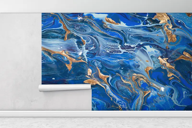 Zeitgenössische Wand Wandmalerei, dunkelblaues Wandbild, moderne Wandmalrad, schimmernde Wandmalerei, goldene Wand Wandrad, blaue Wanddekoration, - 1