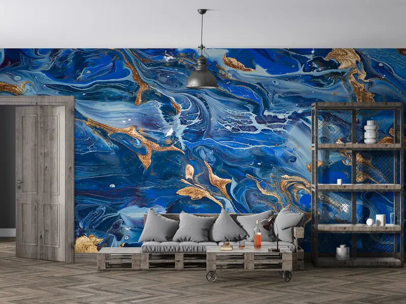 Zeitgenössische Wand Wandmalerei, dunkelblaues Wandbild, moderne Wandmalrad, schimmernde Wandmalerei, goldene Wand Wandrad, blaue Wanddekoration, - 4