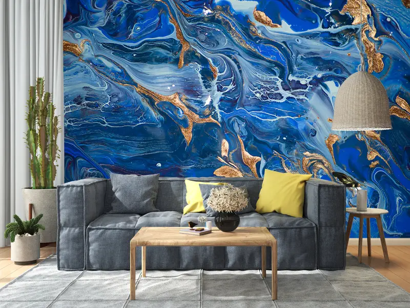 Zeitgenössische Wand Wandmalerei, dunkelblaues Wandbild, moderne Wandmalrad, schimmernde Wandmalerei, goldene Wand Wandrad, blaue Wanddekoration, - 6
