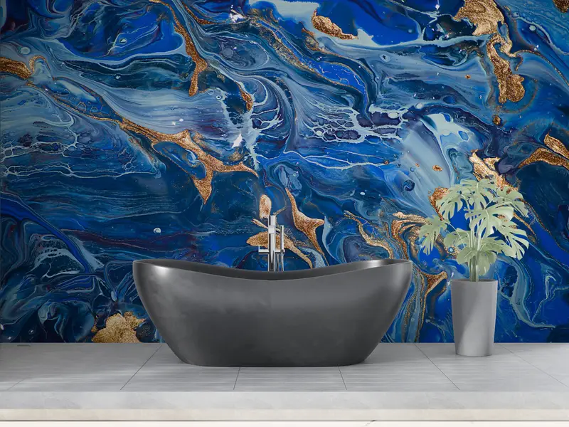 Zeitgenössische Wand Wandmalerei, dunkelblaues Wandbild, moderne Wandmalrad, schimmernde Wandmalerei, goldene Wand Wandrad, blaue Wanddekoration, - 2