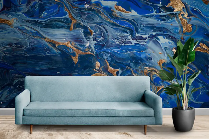 Zeitgenössische Wand Wandmalerei, dunkelblaues Wandbild, moderne Wandmalrad, schimmernde Wandmalerei, goldene Wand Wandrad, blaue Wanddekoration, - 3