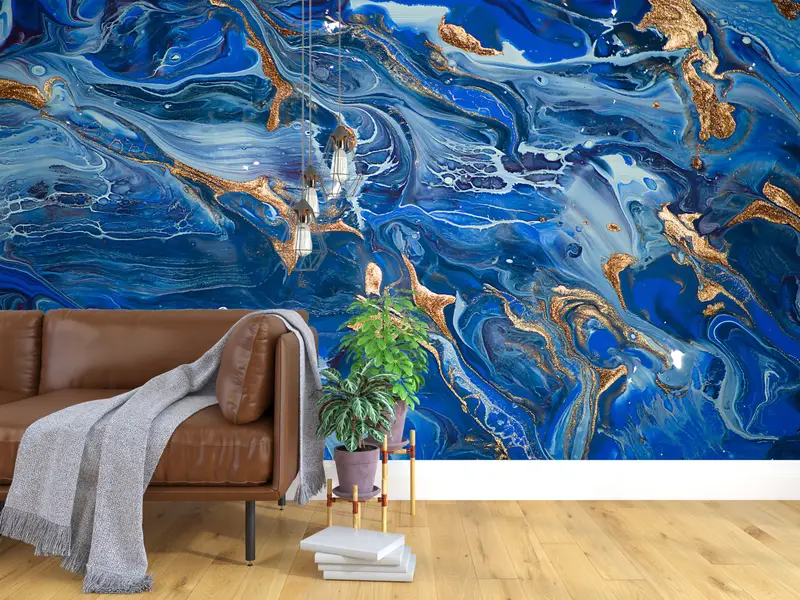 Zeitgenössische Wand Wandmalerei, dunkelblaues Wandbild, moderne Wandmalrad, schimmernde Wandmalerei, goldene Wand Wandrad, blaue Wanddekoration, - 7