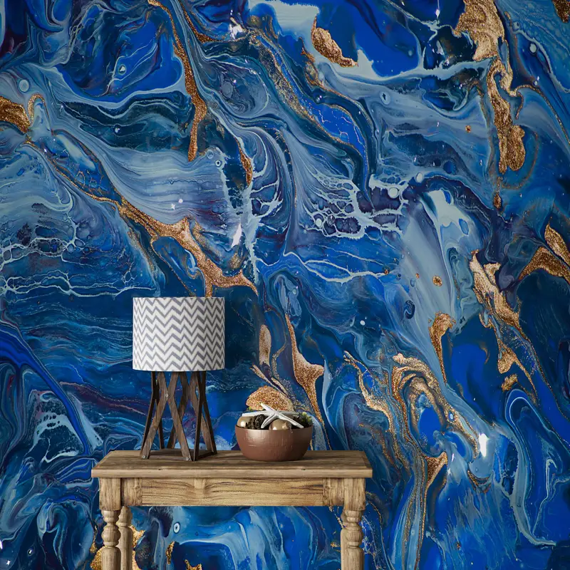 Zeitgenössische Wand Wandmalerei, dunkelblaues Wandbild, moderne Wandmalrad, schimmernde Wandmalerei, goldene Wand Wandrad, blaue Wanddekoration, - 5