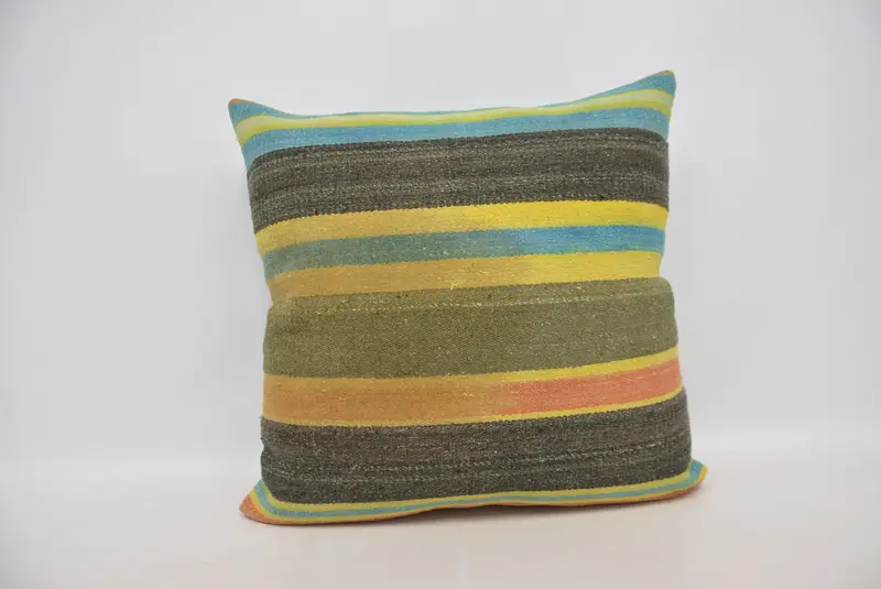 Braun & grün gestreiftes Kissen, Vintage besticktes Kissen
