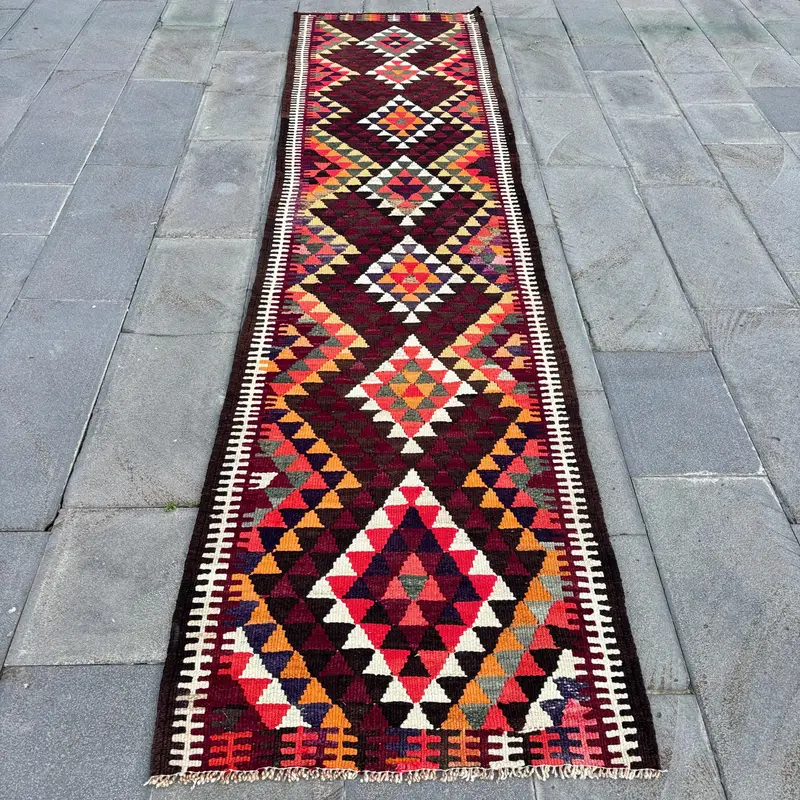 Mor ve Kahverengi Puantiyeli Halı, 2,7x11,2 ft Şık Dekor