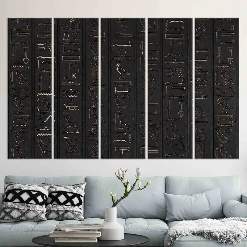 Leinwandwandkunst, Hieroglyphen, Hieroglyphenwandkunst, riesige Leinwand, alte ägyptische Wandkunst, schwarzes Dekor, Bürowandkunst, Schlafzimmer Wanddekoration, - 2